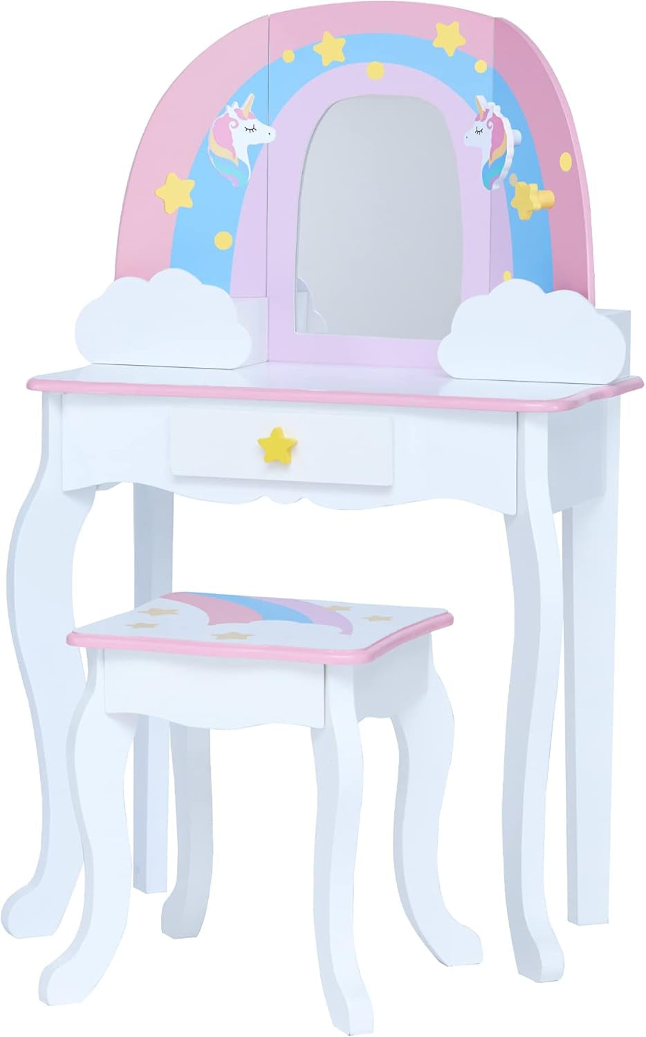 Fantasy Fields Little Dreamer Rainbow Unicorn Play Vanity Set with Rainbow-Shaped Mirror Frame, Cloud-Shaped Storage Drawers, and Stool, White with Pink, Blue and Lilac Rainbow Accents