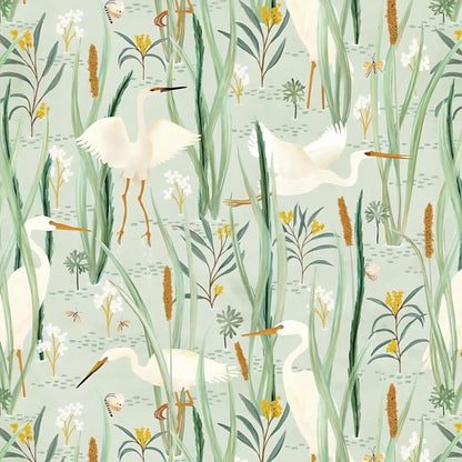 Ismoon Green Wallpaper Peel and Stick Cranes Egret Wallpaper Light Green Contact Paper Floral Bids Wallpaper Removable Peel and Stick Wallpaper 16.1X196In