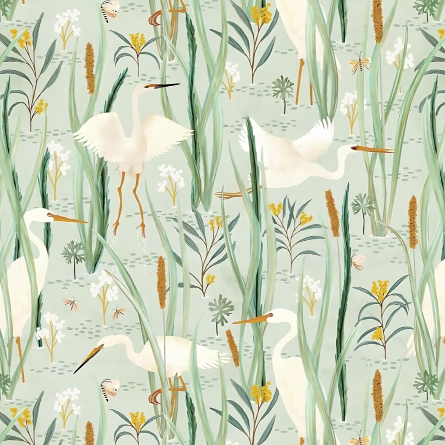 Ismoon Green Peel and Stick Wallpaper, Boho Wallpaper Nursery Wallpaper Crane Wallpaper Egret Light Green Contact Paper Vinyl Removable Wallpaper for Cabinets Shelf 16.1X78.7In