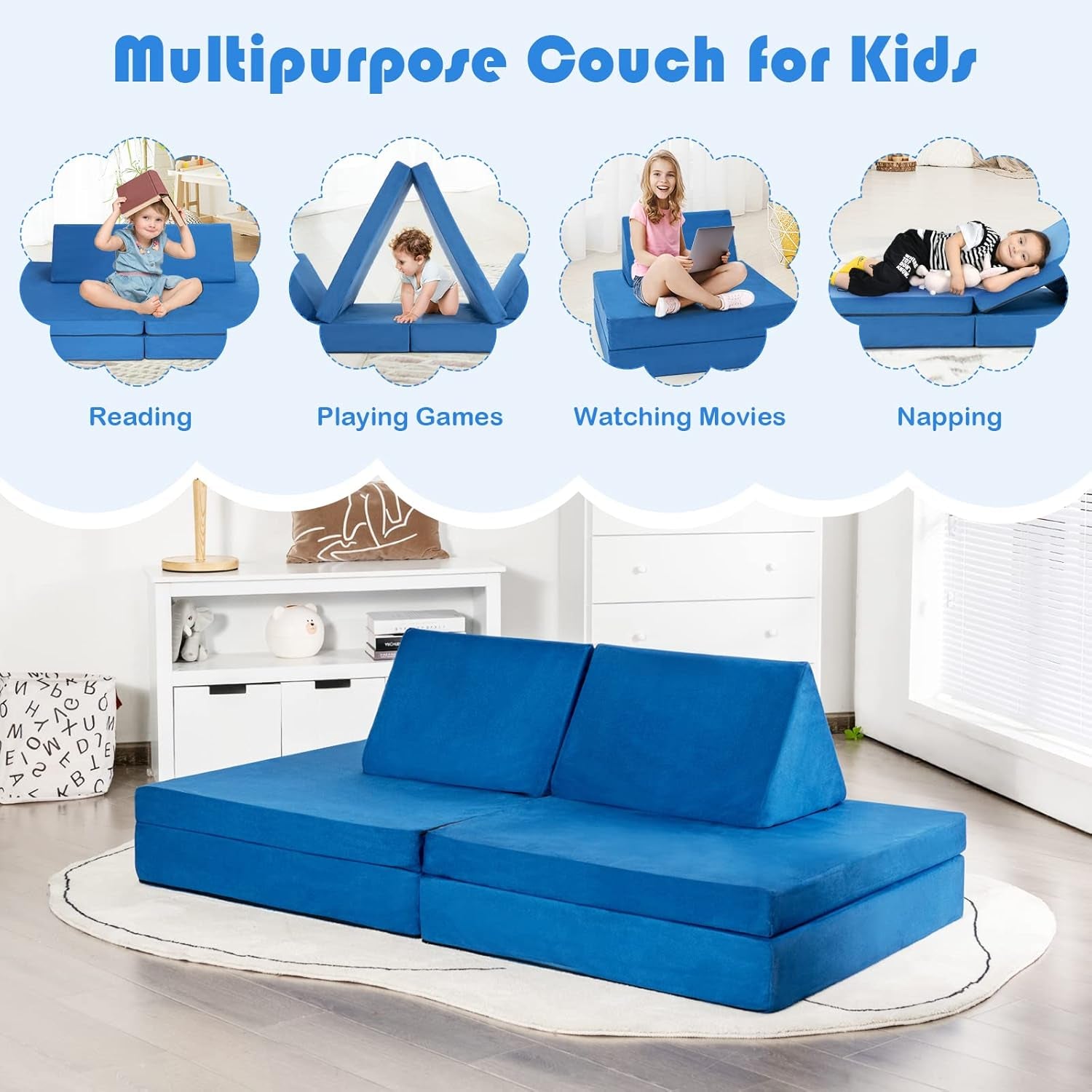 Costzon Kids Couch, 6-Piece Convertible Children'S Sofa Playset or 2 Chair W/Folding Mats & 2 Pillows, Washable Cover, Toddler to Teen Bedroom Playroom Boys Girls Birthday