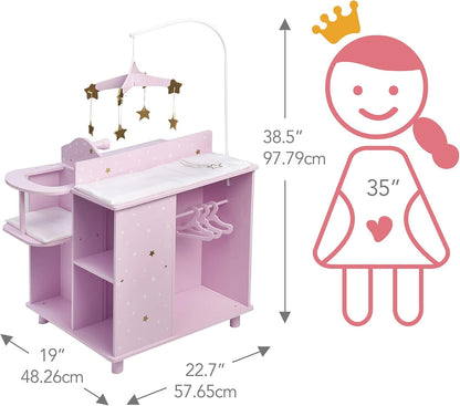 Olivia'S Little World Baby Doll Changing Station with Built-In Baby Doll High Chair, Closet, Shelves, Sink, Overhead Mobile, & Baby Doll Clothing Hangers for up to 18 Inch Dolls, Purple Stars