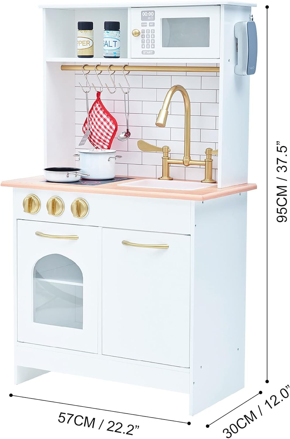 Teamson Kids Little Chef Boston Compact Farmhouse Interactive Wooden Play Kitchen with Sink, Oven, Microwave and Storage Space for Easy Clean Up, White with Gold Finishes