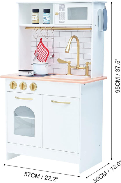 Teamson Kids Little Chef Boston Compact Farmhouse Interactive Wooden Play Kitchen with Sink, Oven, Microwave and Storage Space for Easy Clean Up, White with Gold Finishes