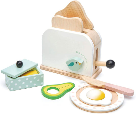 Tender Leaf Toys - Mini Chef Breakfast Toaster Set - 10 Pcs Classic Wooden Pop up Toaster Toy for Pretend Cooking - Develops Social, Creative & Imaginative Skills Learning Role Play - Age 3+