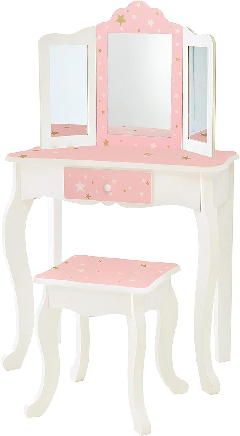 Teamson Kids Princess Gisele Twinkle Star Print 2-Piece Kids Wooden Play Vanity Set with Vanity Table, Tri-Fold Mirror, Storage Drawer, and Matching Stool, White with Pink and Gold Star Accent