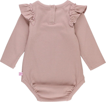 Rufflebutts Dusty Lilac Rib Knit Long Sleeve Flutter Bodysuit - 3-6M