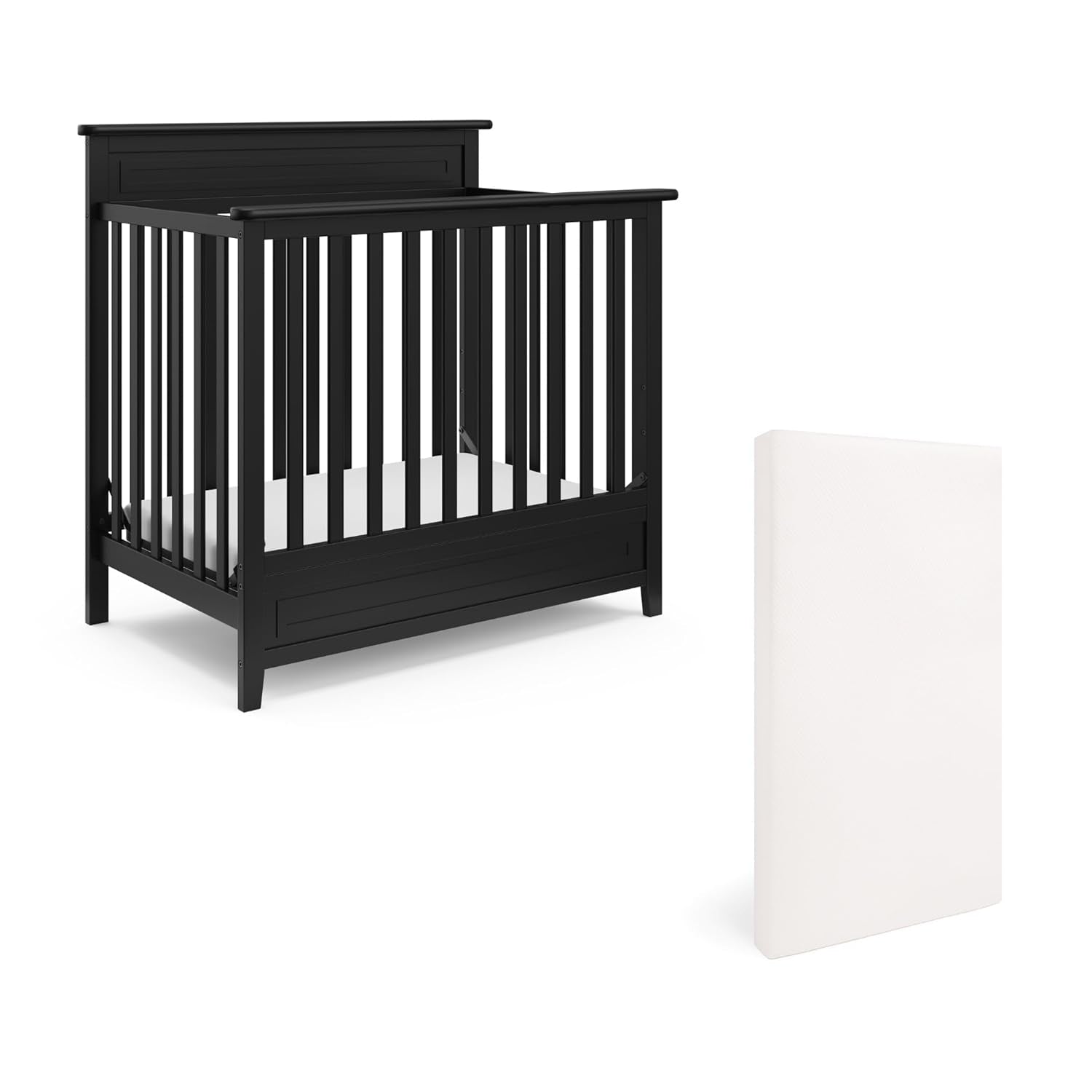 Storkcraft Petal 4-In-1 Convertible Mini Crib (Black) – GREENGUARD Gold Certified, Converts to Daybed and Twin-Size Bed, Includes Bonus 2.75-Inch Mini Crib Mattress