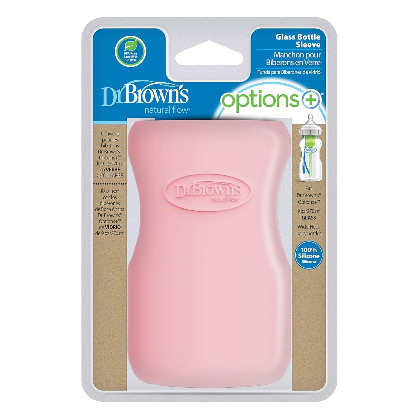 Dr. Brown'S Natural Flow Options+ Glass Baby Bottle Sleeves,100% Silicone,9 Oz,Wide-Neck,Pink