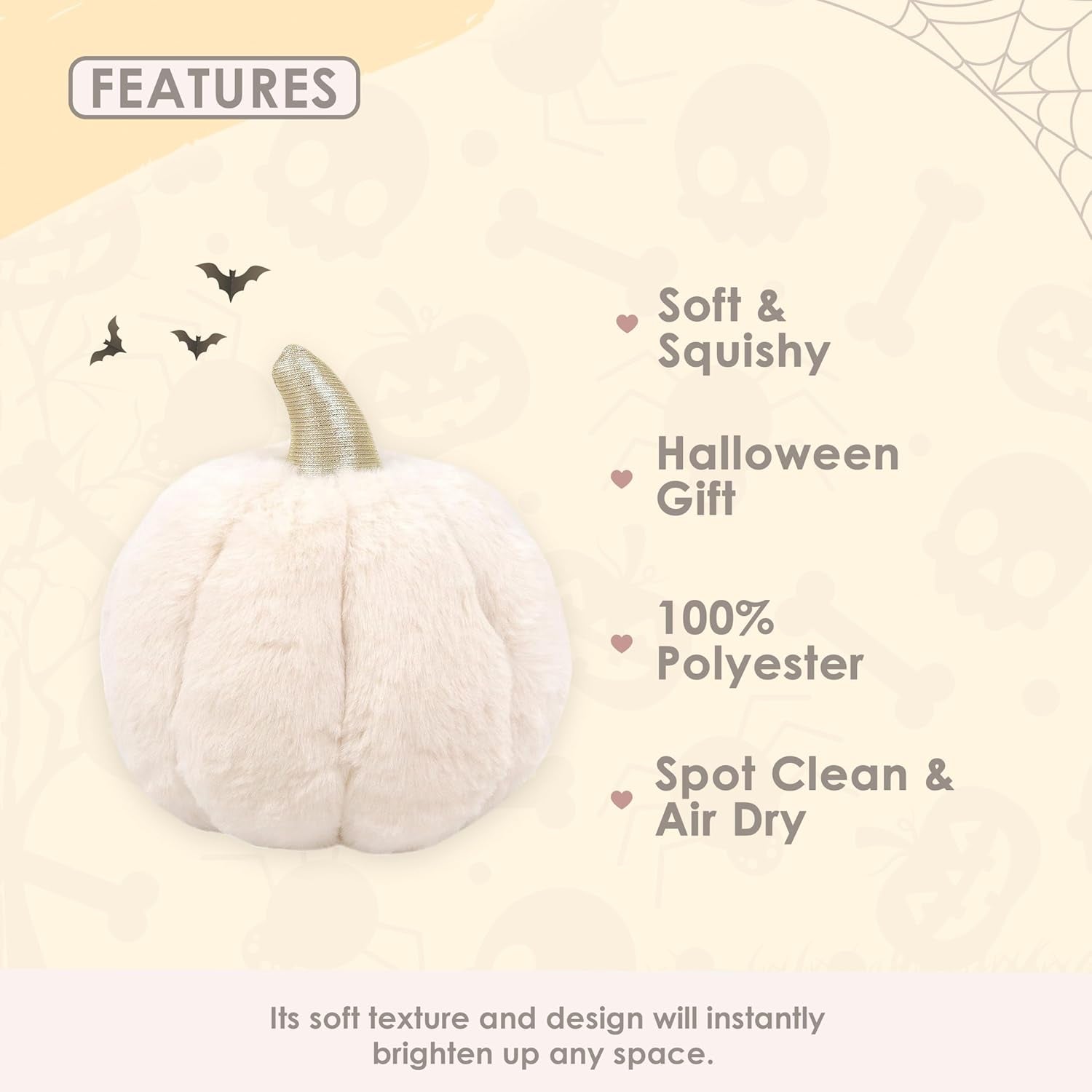 MON AMI Pumpkin Stuffed Toy – 7.5”, Soft & Squishy Thanksgiving Decoration, Halloween Toy for Kids, White