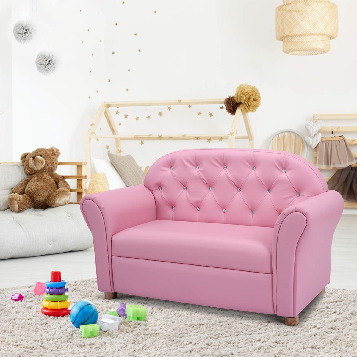 Costzon Kids Couch, 2 in 1 Princess Double Seat Children'S Sofa W/Pu Leather Surface, Toddler Armrest Chair for Bedroom, Kids Room, Soft Kids Sofa Couch Toy Baby Boys Girls Birthday