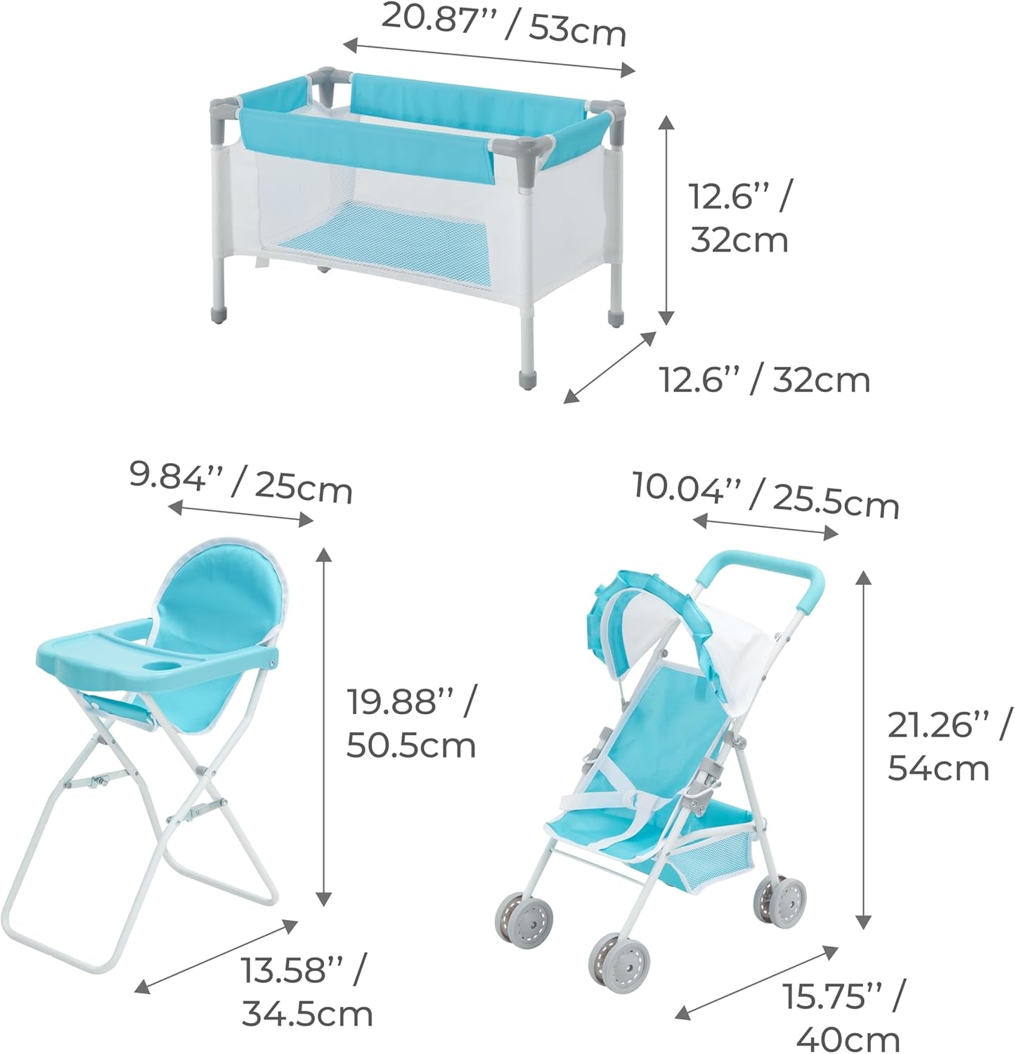 Olivia'S Little World Baby Doll 3Pc Nursery Set - Crib, High Chair & Stroller, Blue & White