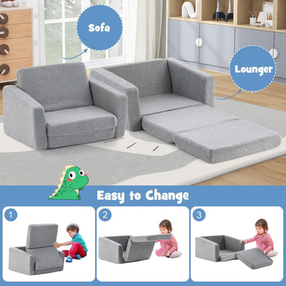 Costzon Kids Couch, 2 in 1 Flip Open Children'S Sofa Couch W/Teddy Fleece Fabric, Machine Washable Cover, Toddler Armrest Chair Bed for Nap Play Sleep, Ideal for Boys & Girls Aged 1-3 Gifts Presents