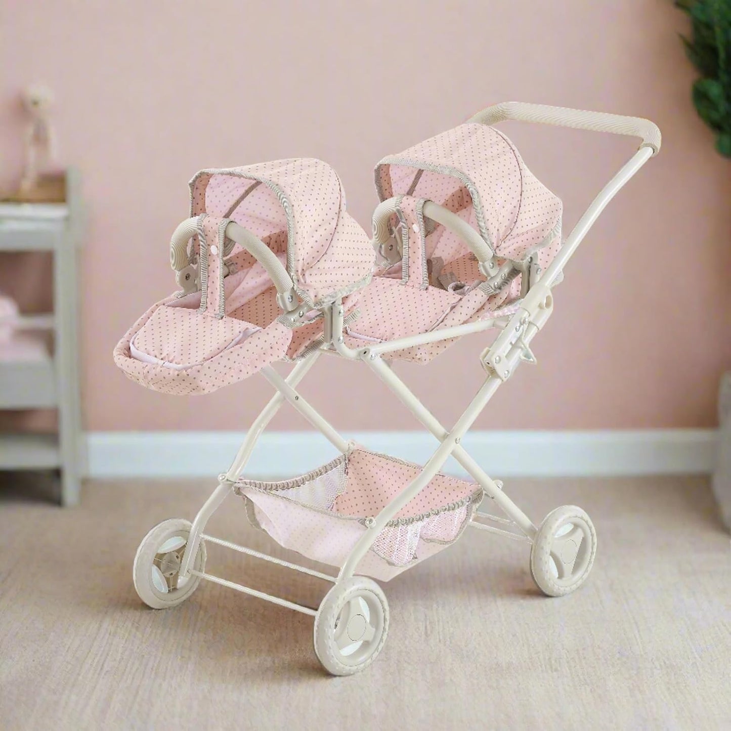 Olivia'S Little World Polka Dot Princess Baby Doll Twin Bassinet Stroller with Retractable Canopy & Storage, Pink/Gray