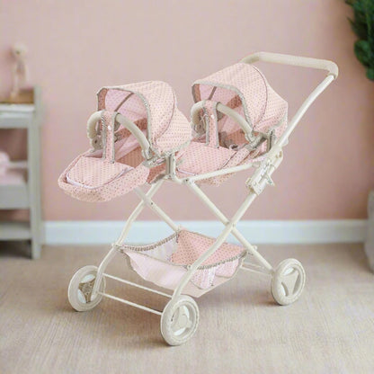 Olivia'S Little World Polka Dot Princess Baby Doll Twin Bassinet Stroller with Retractable Canopy & Storage, Pink/Gray