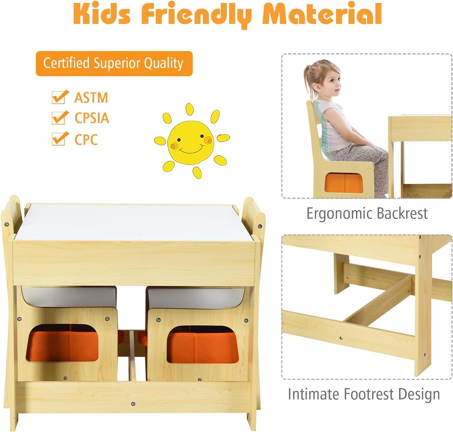 Costzon Kids Table and Chair Set, 3 in 1 Wooden Activity Table with Storage Drawer, Detachable Tabletop for Children Drawing Reading Art Craft, Playroom, Nursery, Toddler Table and Chair Set, Natural