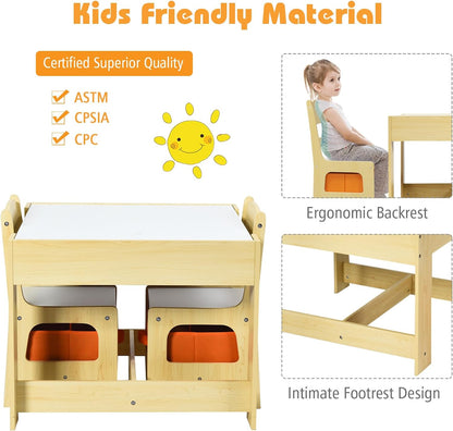 Costzon Kids Table and Chair Set, 3 in 1 Wooden Activity Table with Storage Drawer, Detachable Tabletop for Children Drawing Reading Art Craft, Playroom, Nursery, Toddler Table and Chair Set, Natural