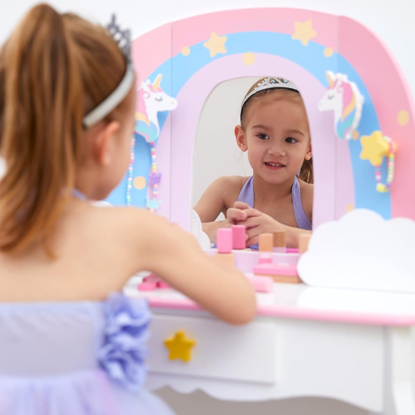 Fantasy Fields Little Dreamer Rainbow Unicorn Play Vanity Set with Rainbow-Shaped Mirror Frame, Cloud-Shaped Storage Drawers, and Stool, White with Pink, Blue and Lilac Rainbow Accents