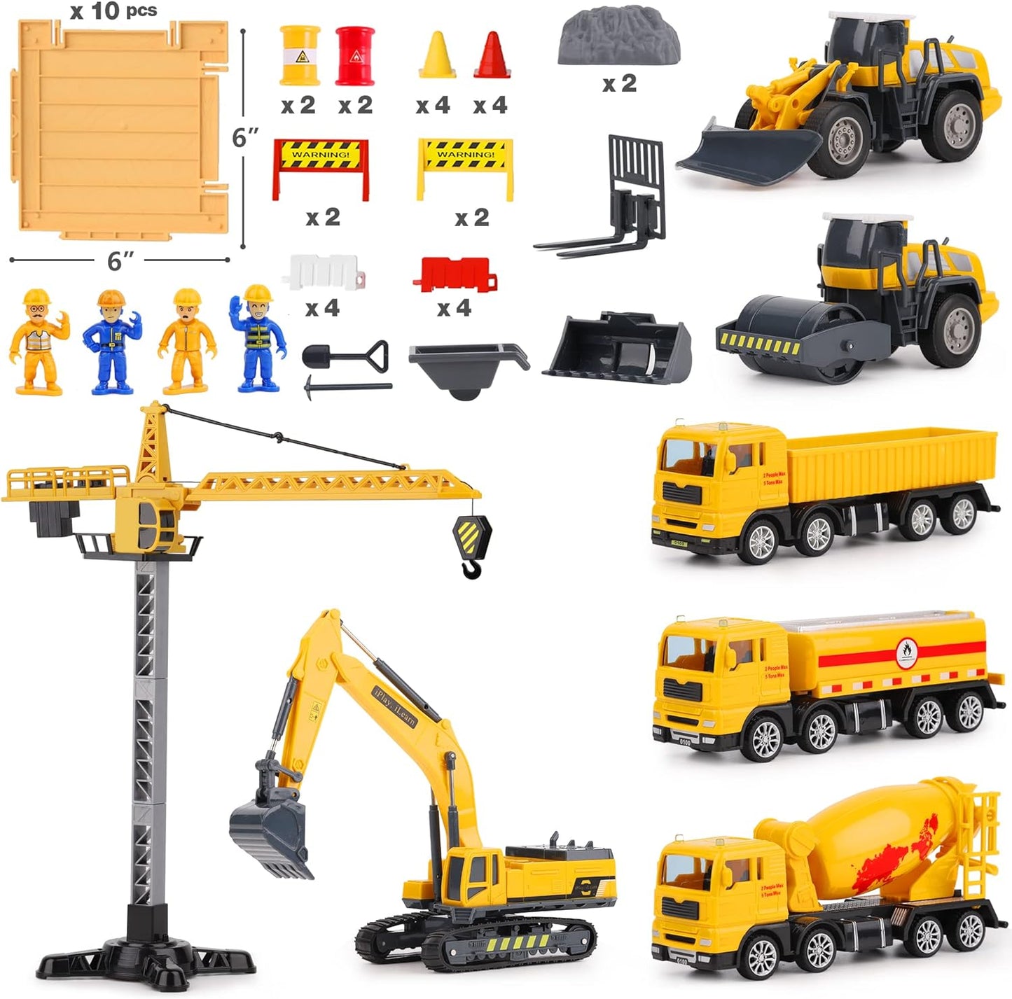 Iplay, Ilearn Construction Site Vehicles Toy Set, Kids Engineering Playset, Tractor, Digger, Crane, Dump Trucks, Excavator, Cement, Steamroller, Birthday Gift for 3 4 5 Year Old Toddlers Boys Children