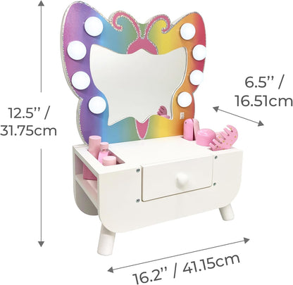 Teamson Kids Colorful Butterfly-Shaped Tabletop Vanity with Led-Illuminated Mirror and 6-Pc. Accessory Set