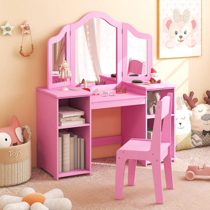 Costzon Kids 2-In-1 Princess Makeup Desk & Chair with Detachable Mirror, Shelves, Pretend Play Dressing Table for Girls (Pink)