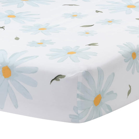 Lambs & Ivy Sweet Daisy 100% Cotton White/Blue Floral Baby Fitted Crib Sheet