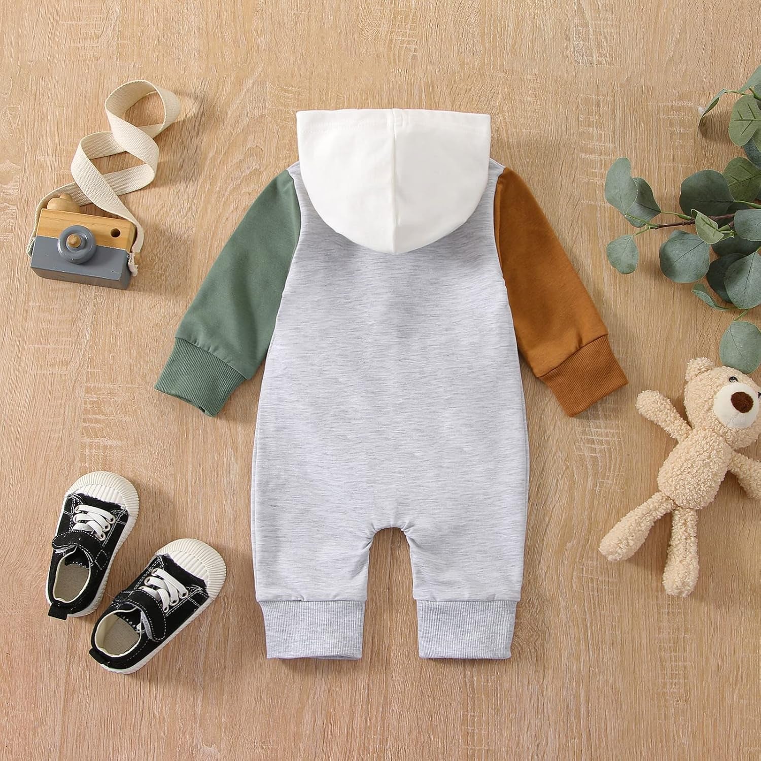 Bemeyourbbs Newborn Baby Boy Clothes Color Block Long Sleeve Hooded Romper with Pocket Fall Winter One Piece Outfits