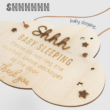 Chippi & Co Shh Baby Sleeping Sign for Front Door, Wooden Do Not Ring Doorbell Sign for Font Door, Baby Room, Fathers Day Gifts for New Dad, Expecting Dad, Christmas Gifts for Mom to Be (Baby Sleepinng Sign)