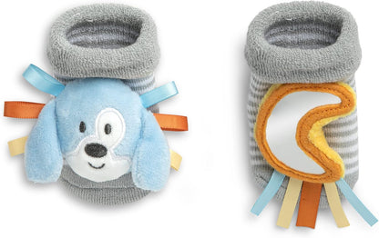 DEMDACO Puppy 3-6 Months Blue and Grey Baby Rattle and Mirror Activity Sock Set