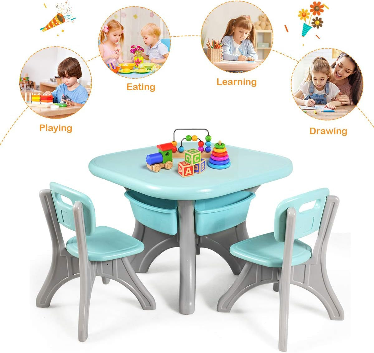 Costzon Kids Table and Chair Set, 3 Piece Activity Table W/Detachable Toy Storage Bins & 2 Chairs for Children Reading Art Craft, Strong Bearing Capacity, Lightweight for Toddler, Green