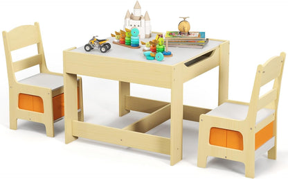 Costzon Kids Table and Chair Set, 3 in 1 Wooden Activity Table with Storage Drawer, Detachable Tabletop for Children Drawing Reading Art Craft, Playroom, Nursery, Toddler Table and Chair Set, Natural