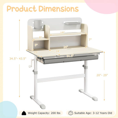 Costzon Kids Study Desk, Height Adjustable Children School Desk with Storage, Tilt Desktop, Pen Holder & Scale Ruler, Student Computer Desk Writing Table for Home School Use, Desk for Kids (Grey)