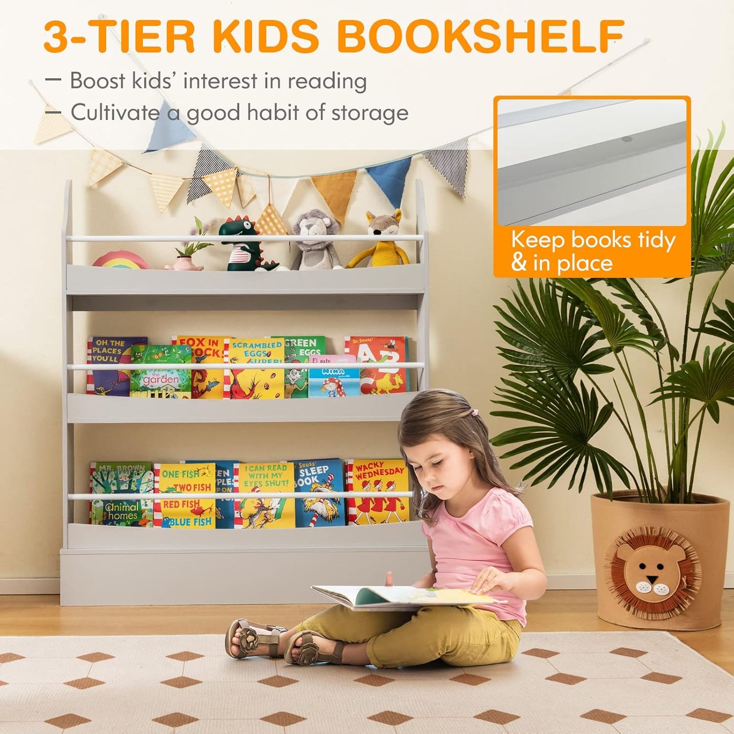 Costzon Kids Bookshelf, 3-Tier Wooden Book Shelf Organizer for Books and Toys, Toddler Space-Saving Wall Bookcase Conner Storage Rack for Bedroom, Living Room, Nursery, Playroom (Gray)