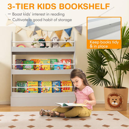 Costzon Kids Bookshelf, 3-Tier Wooden Book Shelf Organizer for Books and Toys, Toddler Space-Saving Wall Bookcase Conner Storage Rack for Bedroom, Living Room, Nursery, Playroom (Gray)