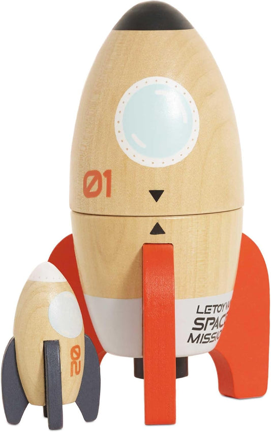 Le Toy Van Wooden Space Rocket Duo Toy, Plastic Free with Hidden Mini Rocket, Suitable for 24+ Months, Girls and Boys