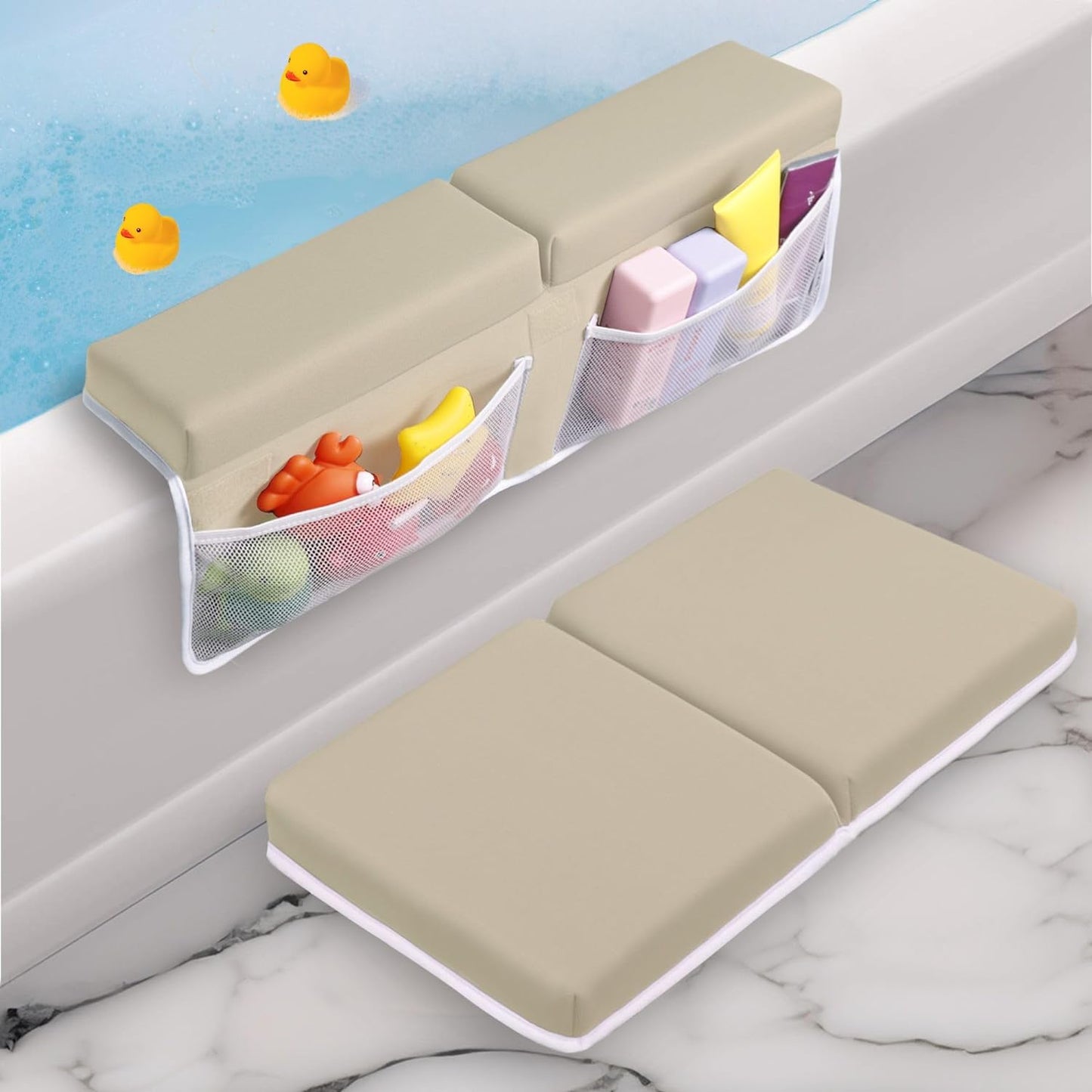 Baby Bath Kneeler and Elbow Rest Pad Set - Baby Bath Support for Knees and Elbows - Bath Kneeler Pad with Memory Foam and Bath Toys Organizer - Ideal Bath Kneeling Pad for Bathing Baby - Beige