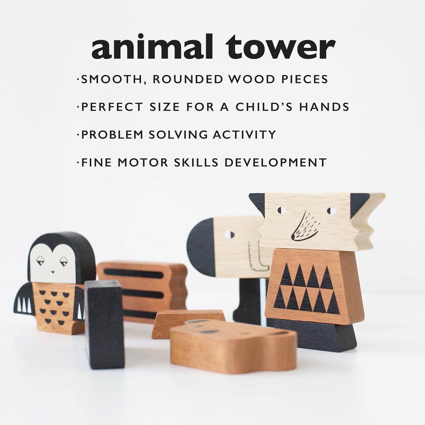 Wee Gallery Animal Tower Block Set - Wooden Building Blocks, STEM Learning Toy, Balance Game, Creative Building, Motor Skills, Quality Wood Pieces, for Children, Kids, Adults, Wild Animals Decor