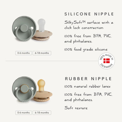 Frigg Rope Silkysoft Silicone Baby Pacifier | Made in Denmark | Bpa-Free (Sage/Croissant, 0-6 Months)