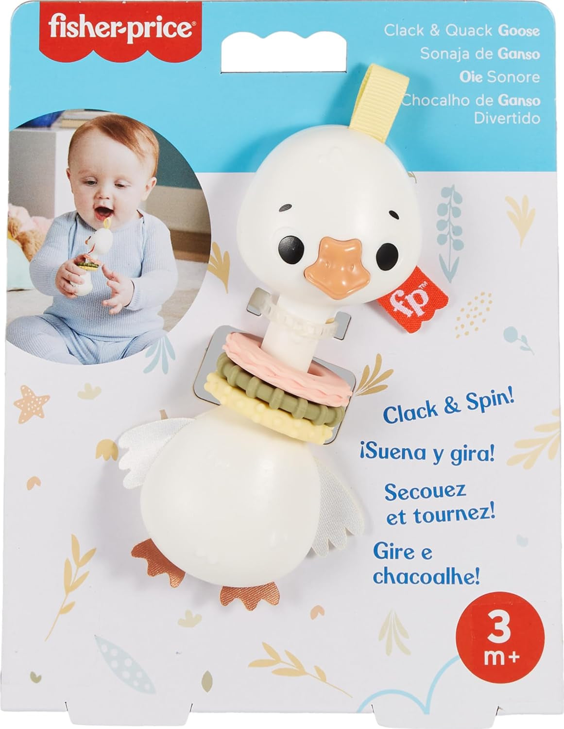 Fisher-Price Newborn Toy Clack & Quack Goose, Animal Themed Baby Rattle for Developmental Play Infants Ages 3+ Months