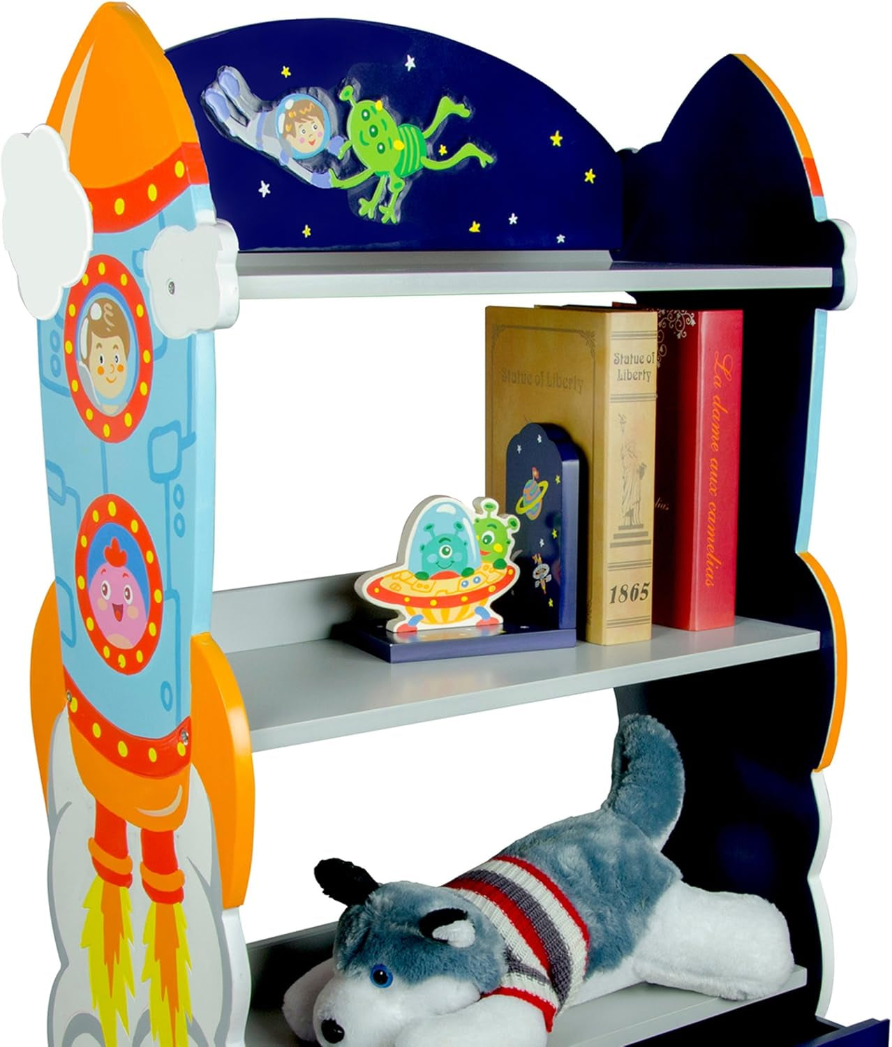 Fantasy Fields Outer Space 3 Tier Kids Bookcase, Wooden Kids Book Shelf with Hand Crafted Designs and Toy Storage Drawer, Blue