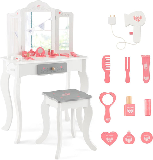 Costzon Kids Vanity Set, 2 in 1 Princess Makeup Dressing Table & Chair Set W/Detachable Tri-Fold Mirror, Toddler Vanity with Drawer & Accessories, Pretend Play Vanity Set for Little Girls (White)