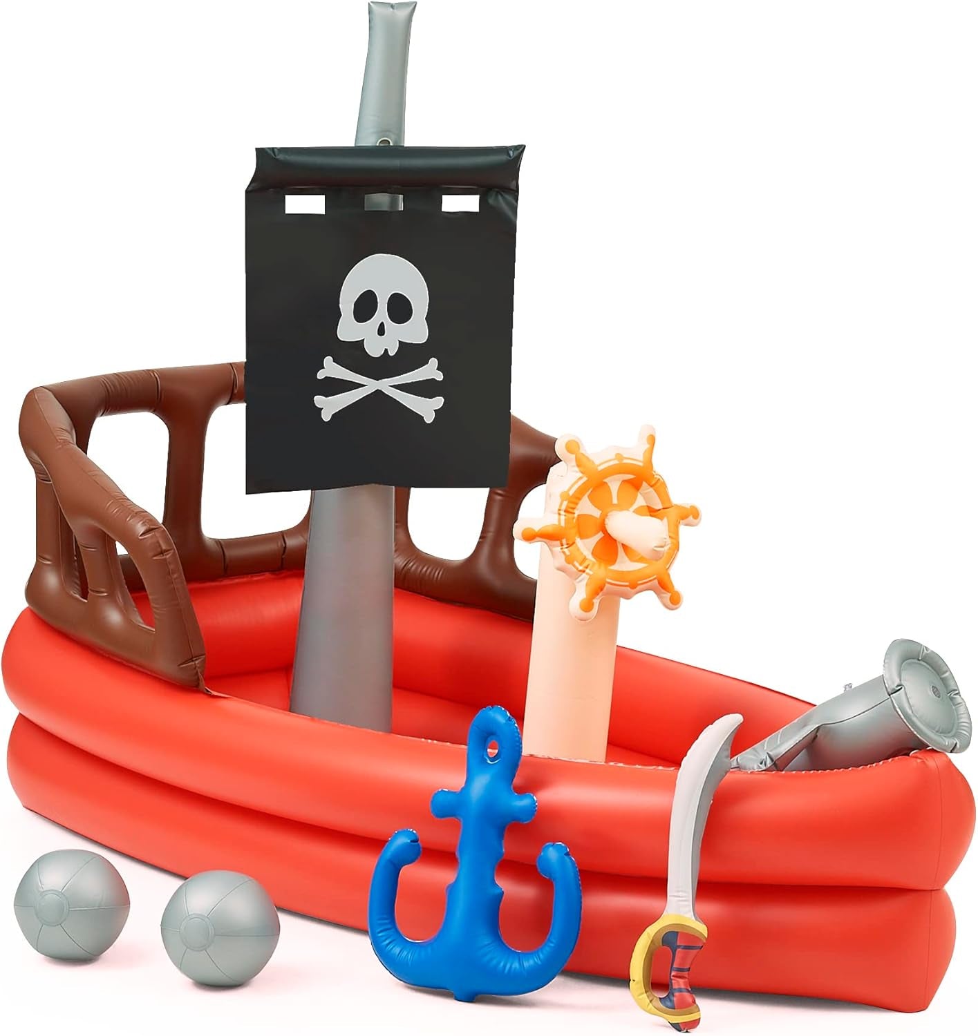 Teamson Kids Water Pool Pirate Ship Inflatable Kids Sprinkler with Air Pump, Beach Balls, & Accessories, Inflatable Outdoor Play Sprinkler System, Red