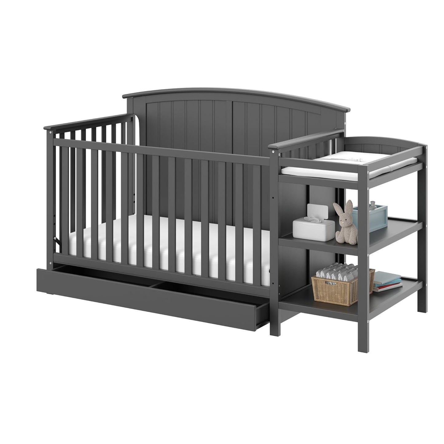 Storkcraft Steveston 5-In-1 Convertible Crib and Changer with Drawer (Gray) – GREENGUARD Gold Certified, Crib and Changing Table Combo with Drawer, Converts to Toddler Bed, Daybed and Full-Size Bed