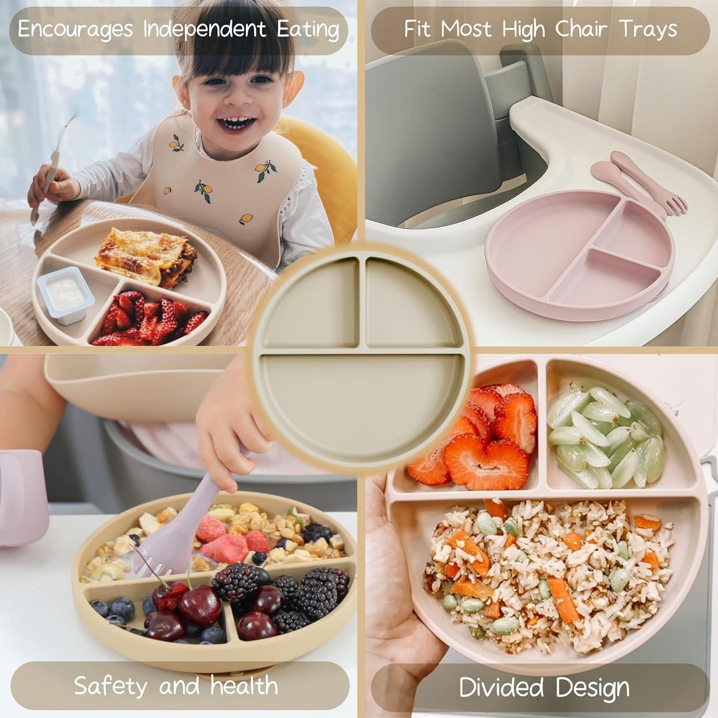 Moonkie Suction Plates for Baby | 100% Silicone Bpa-Free Baby Plates| Divided Design | Microwave and Dishwasher Safe | Toddler Plates 3 Pack