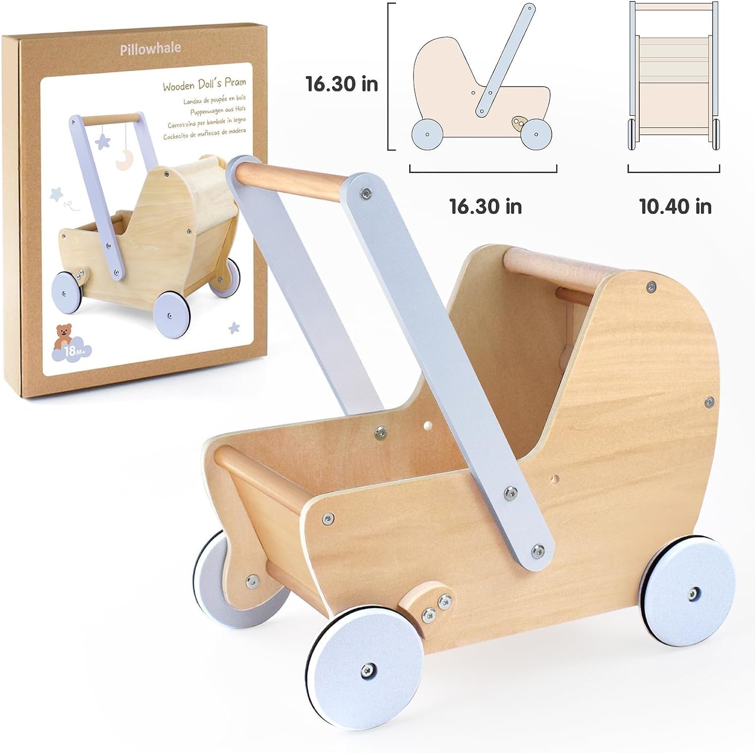 Wooden Baby Doll Pram Stroller,Wooden Baby Walker Push and Pull Doll Stroller,Baby Wooden Toy Stroller for Toddler Boys Girls 18 Months and Up