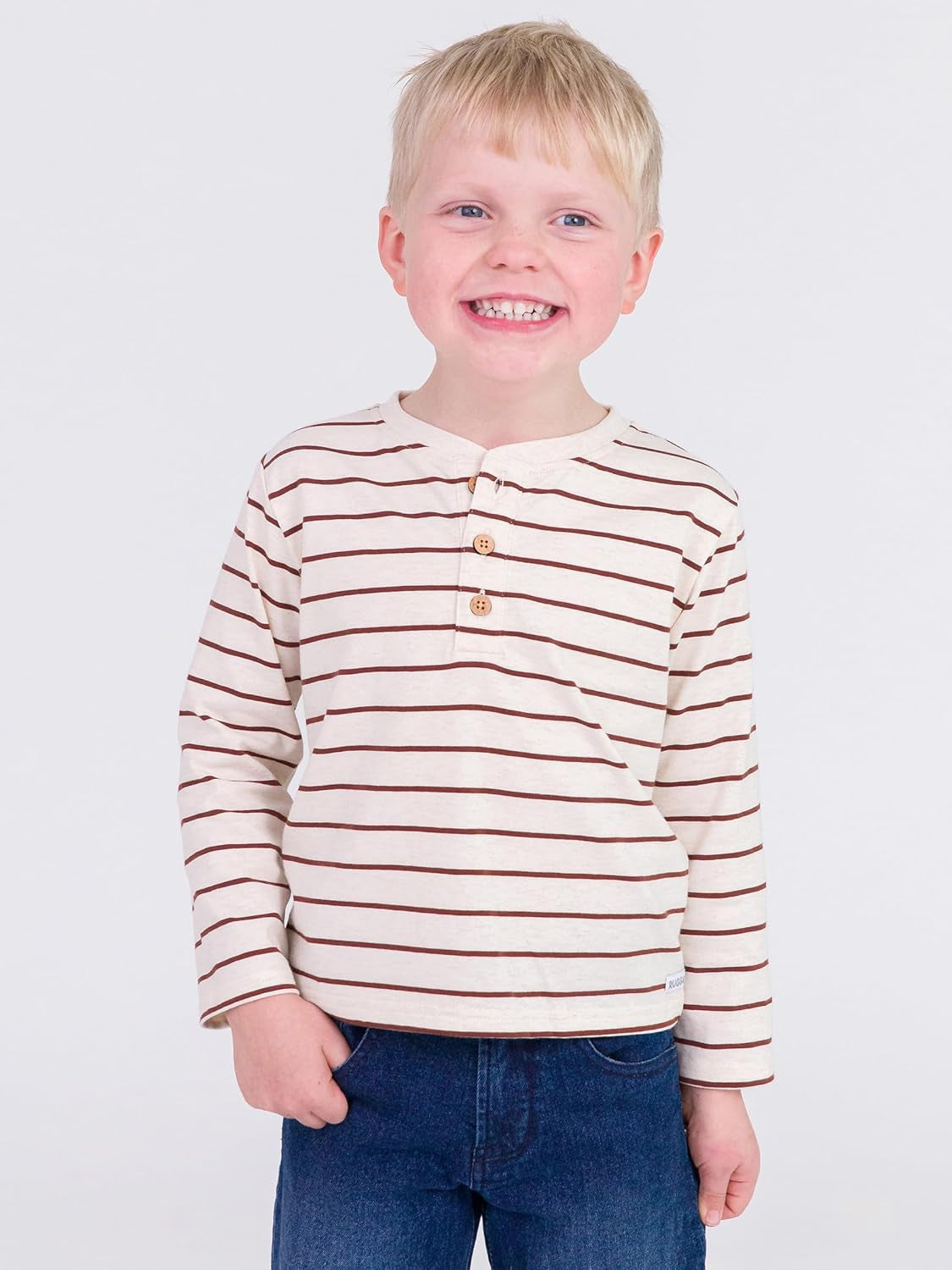 Rugged Butts Heather Oatmeal & Chocolate Stripe Knit Long Sleeve Henley Tee - 18-24M