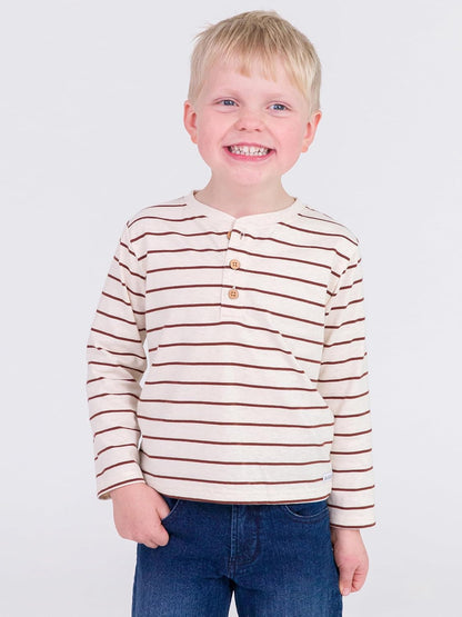 Rugged Butts Heather Oatmeal & Chocolate Stripe Knit Long Sleeve Henley Tee - 18-24M