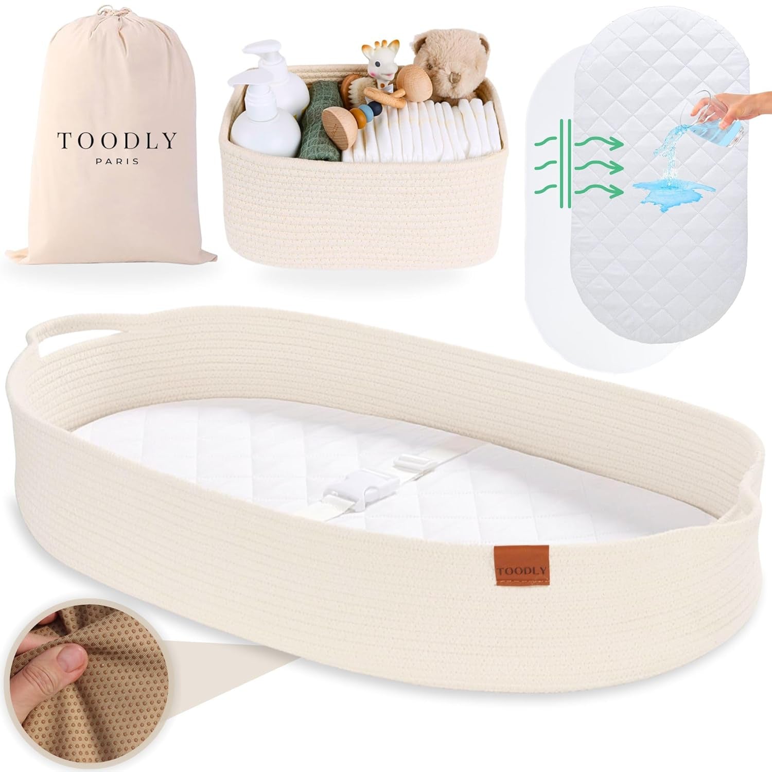 Baby Changing Basket with Diaper Caddy - Beige Moses Basket for Babies - Cotton Rope Diaper Changing Basket - Baby Diaper Changing Pad for Dresser - Changing Table Topper for Dresser - Toodly