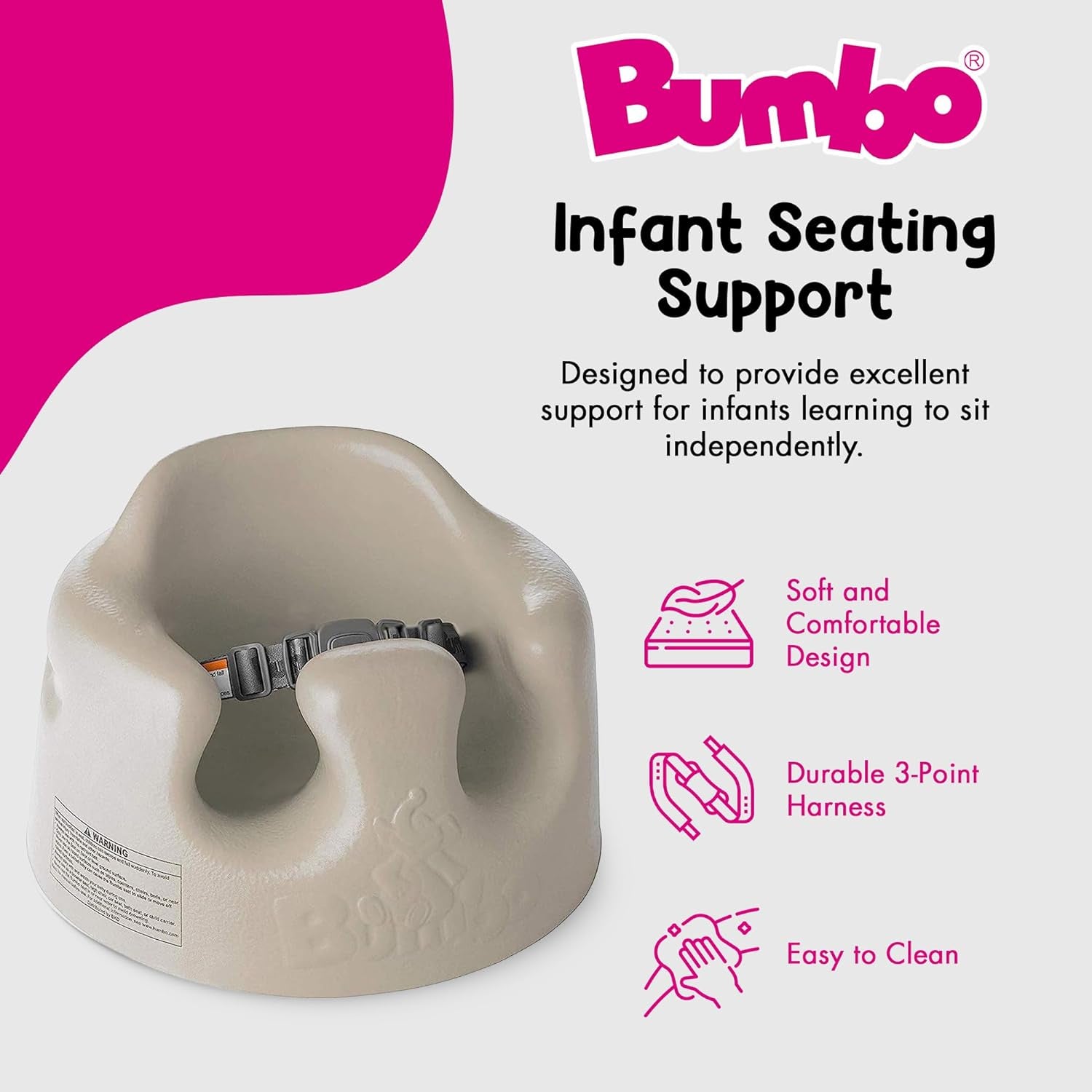 Bumbo Baby Floor Seat – Portable Infant Booster Chair for Sitting Support, Activity and Feeding, 15" X 15" X 9.3", Taupe