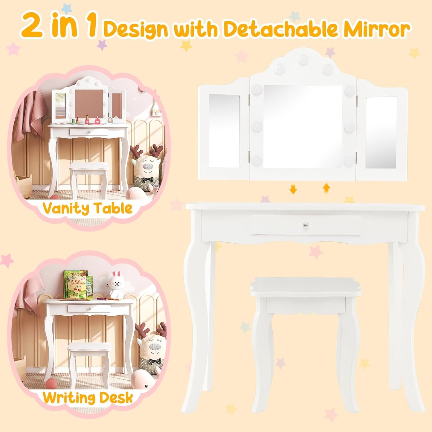 Costzon Kids Vanity, Girls Vanity Set with Mirror and Stool and Lights, Drawer, 2 in 1 Wooden Princess Makeup Desk Dressing Table, Toddler Vanity, Pretend Play Kids Vanity Table and Chair Set (White)