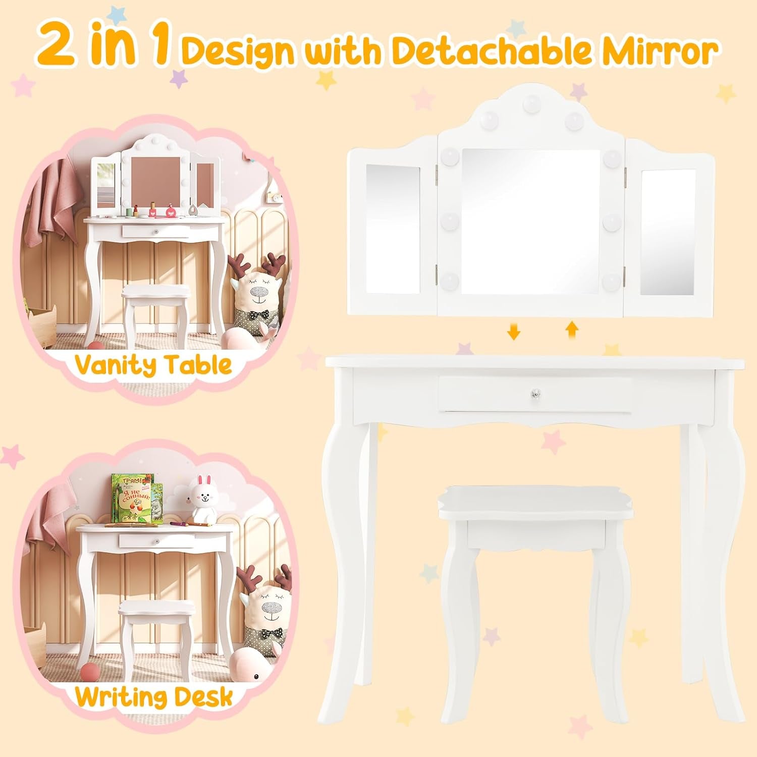 Costzon Kids Vanity, Girls Vanity Set with Mirror and Stool and Lights, Drawer, 2 in 1 Wooden Princess Makeup Desk Dressing Table, Toddler Vanity, Pretend Play Kids Vanity Table and Chair Set (White)